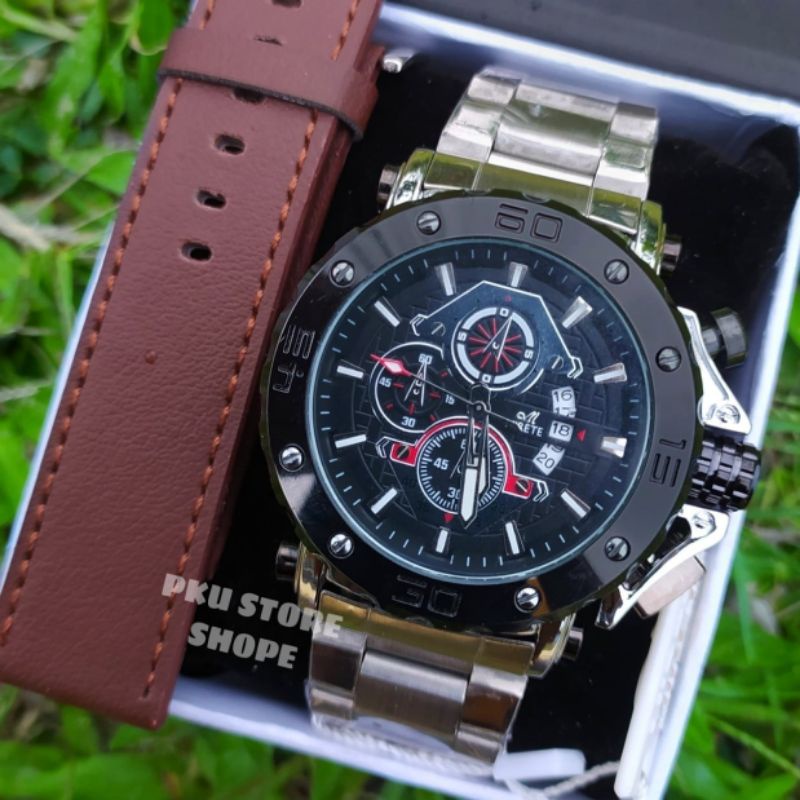 Jam Tangan Pria Mirete Import 2 Tali Quart Analog Sporty Original Tanggal Dan Hari aktif | Strap Rantai Stainlees steel Free Box Bestseller Anti Air Mewah Elegan Water Resistant | Jam Tangan Kasual Pria MIRETE ORIGINAL RANTAI STAINLEES STEEL COD