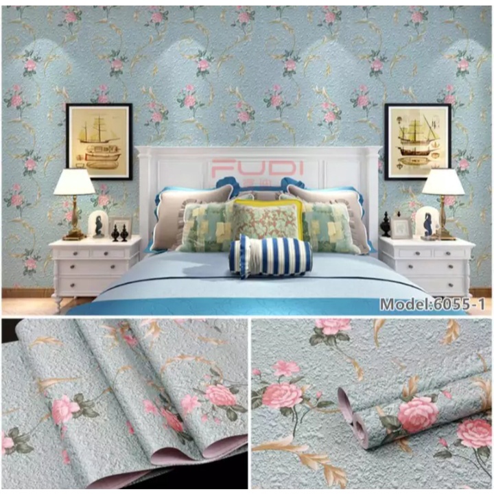 Wallpaper Dinding Motif BUNGA MAWAR PINK DASAR HIJAU 10m x 45cm