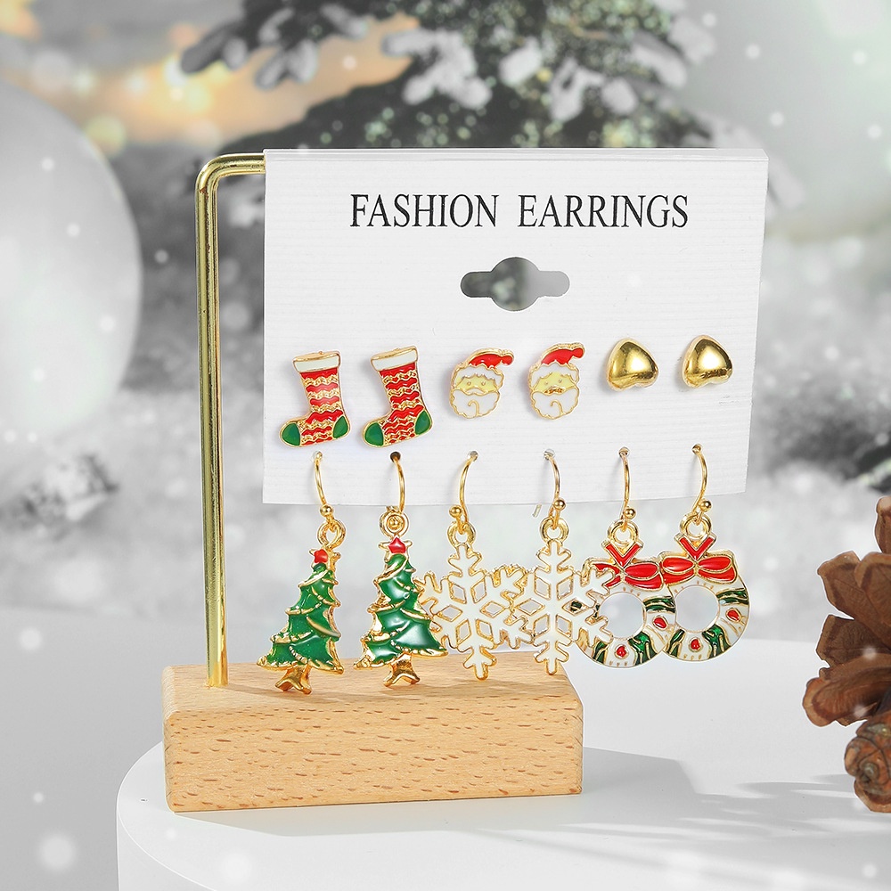 IFYOU 6pcs / set Anting Stud Desain Karakter Kartun Natal Aksen Mutiara Gaya Vintage Untuk Wanita