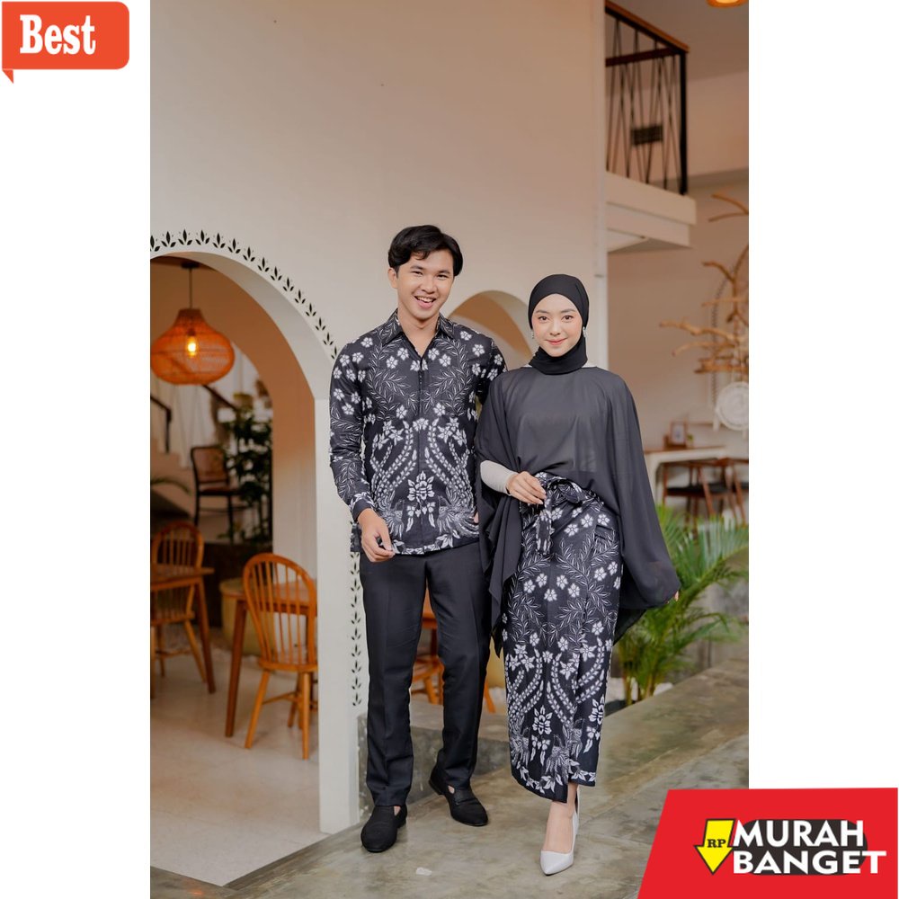 baju setelan wanita kekinian 2022 SET BATIK COUPLE KINAN HITAM (KEMEJA BATIK, ROK BATIK DAN SLENDANG