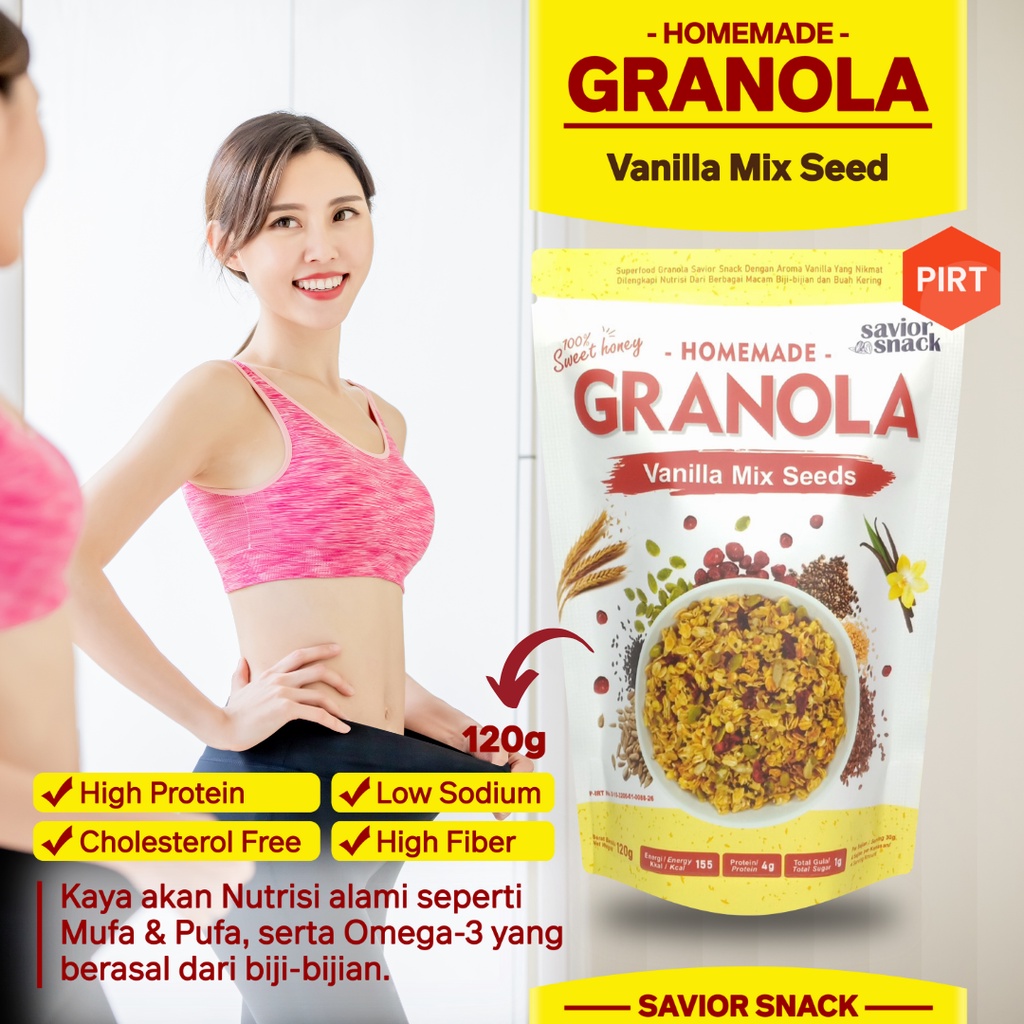 Cemilan Sehat Untuk Diet GRANOLA CRUNCHY VANILLA MIX SEEDS Makanan Diet Rendah Kalori SAVIOR SNACK Sereal Sehat, Sarapan Praktis, Makanan Pengganti Enak Bergizi Tinggi Nutrisi