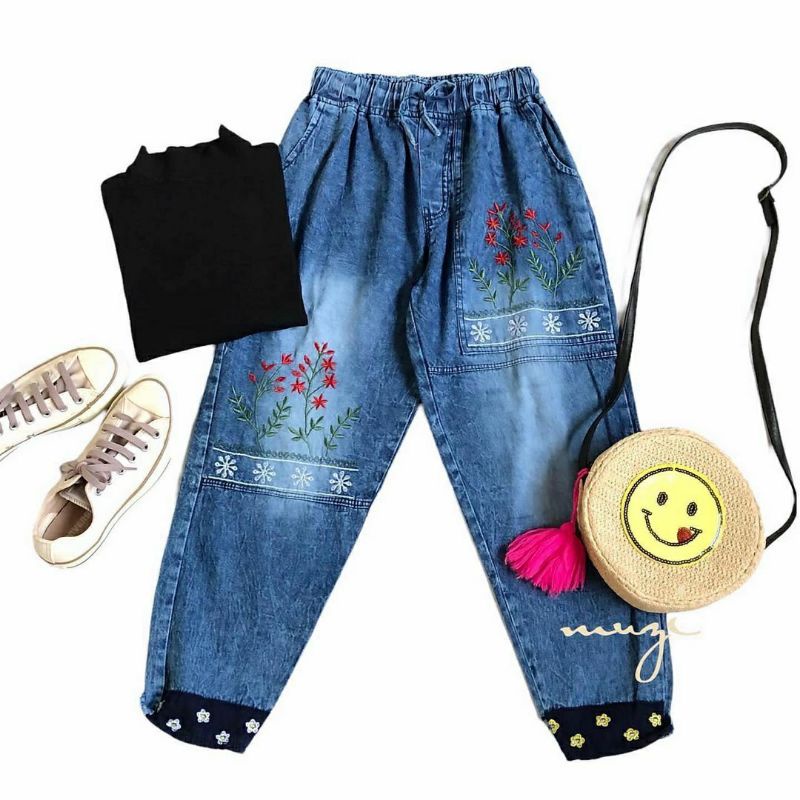 Flowy Jeans Pants, CELANA JEANS WANITA SUPER CANTIK FIT XL BAHAN JEASN WASH MIX BORDIR TERMURAH TERLARIS OOTD