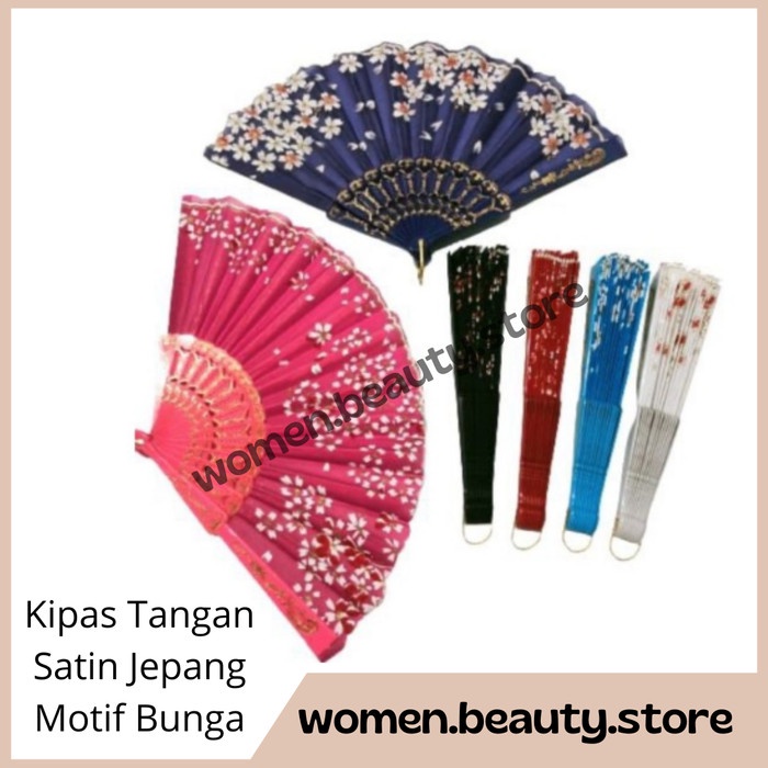 Souvenir Kipas Tangan Satin Jepang Motif Bunga / Kipas Lipat / Kipas Souvenir