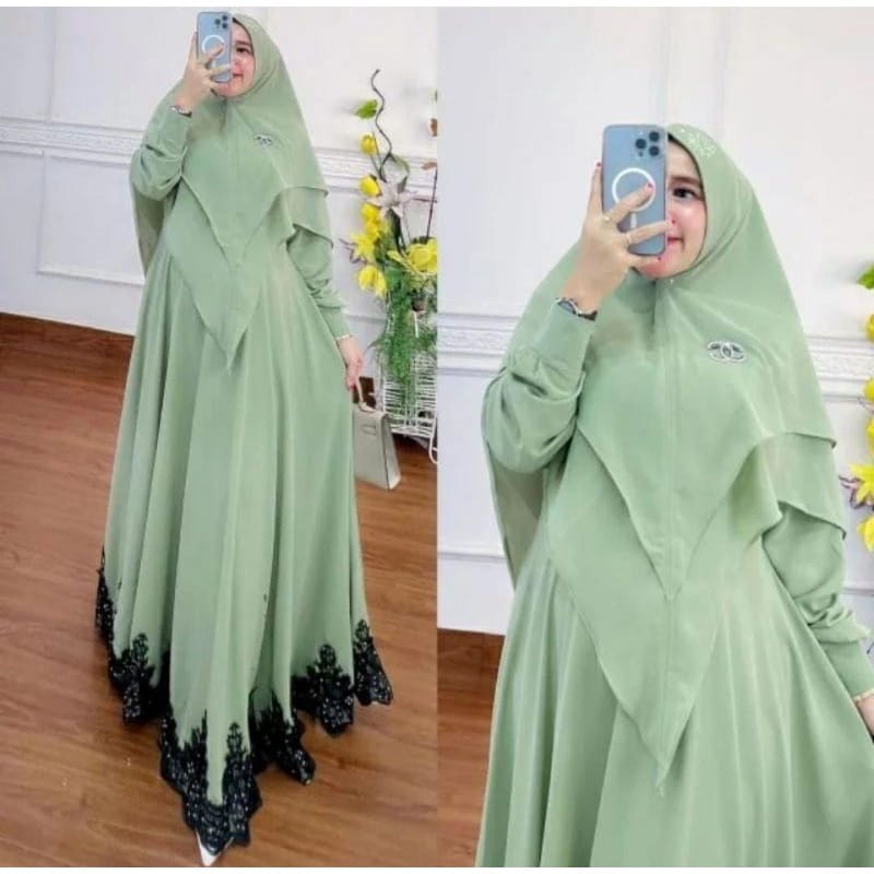 Baju Syari Terbaru 2022 Gamis Set Jilbab Rabiya Syari Khimar 2 Layer Setelan Wanita Muslim Jumbo Ceruty Babydoll Aplikasi Renda