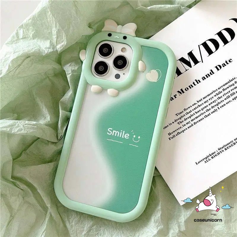 Smile Case Realme C33 9 8 8pro 7 8i 9pro+C25 C15 5 6i 9i 5s 5 7i C25s C12 C31 C21Y C30 C25Y C11 C35 C21 C2 C1 C3 C17 Hijau Splicing Lovely 3D Bow Little Monster Lens Soft Case Tempat Kotak Makan