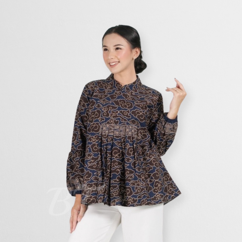 Jual Batik Trusmi Blouse Atasan Wanita Lengan Panjang Motif Mega Mendung Encim Navy Shopee