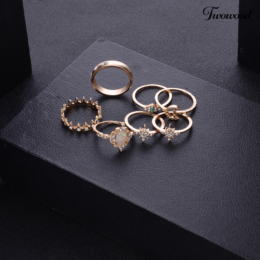 13pcs / Set Cincin Knuckle Midi Bentuk Bulan Bintang Mahkota Opal Tiruan Gaya Boho Untuk Wanita