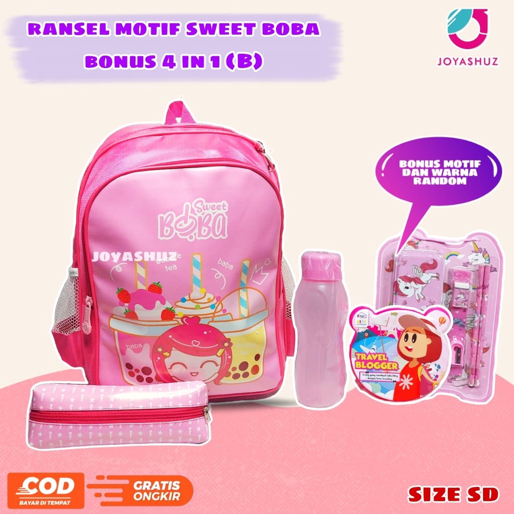 Ransel Anak Perempuan Karakter Boba - Tas Anak SD Boba - Ransel 2in1 - Tas Gratis Tempat Pensil - Tas Gemas - Lucu - Boba - Joyashuz