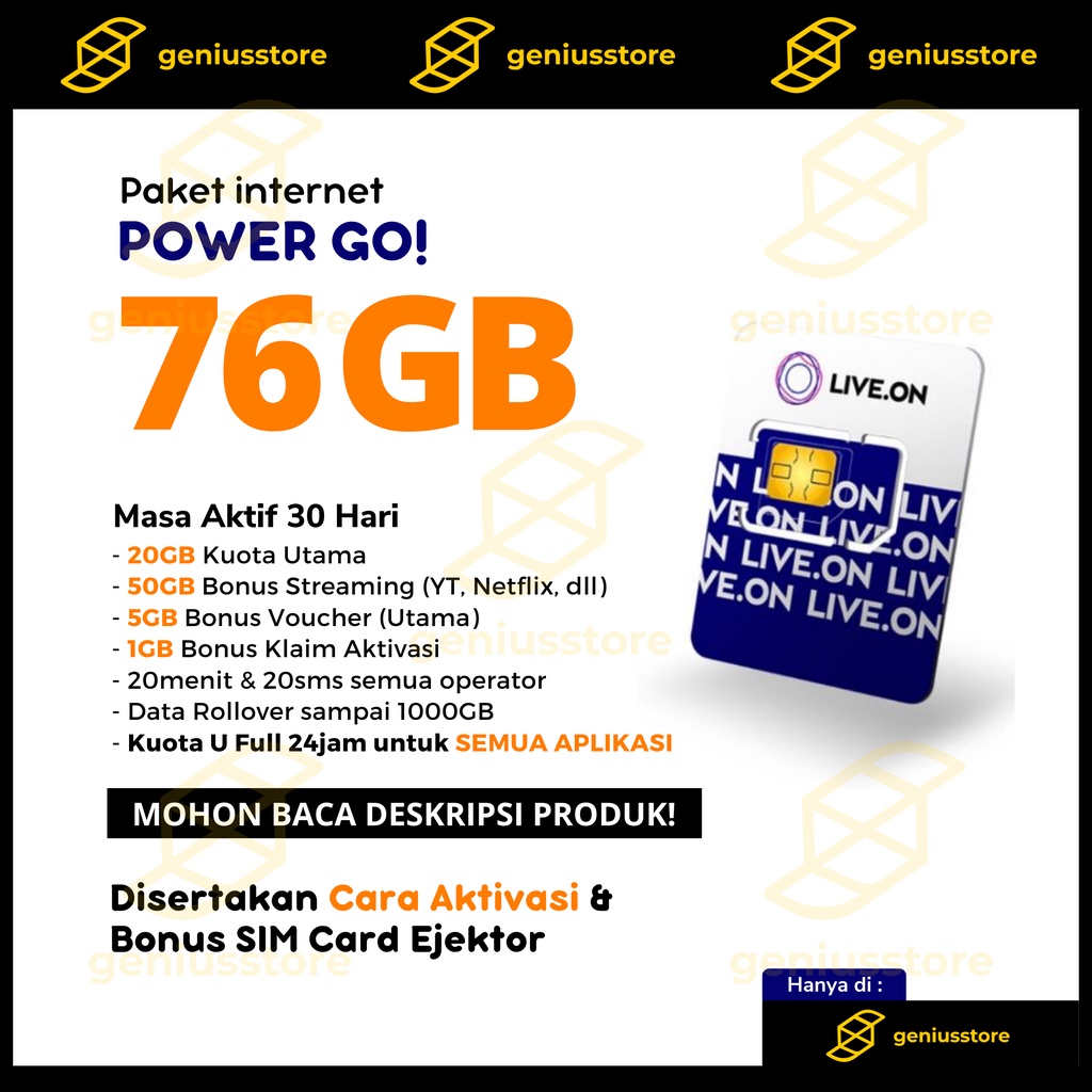 Kartu Perdana Live.On | LiveOn 20gb + 5gb Bonus 30 Hari Paket Power Go Live On XL Axiata 4.5G