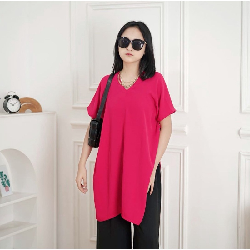 BEFAST - ZFS OOTD Tunic LIAH / V LONG OVERSIZE CRINCLE TUNIC / Pakaian Wanita Casual / Tunik Lengan Pendek / Fashion Kekinian Remaja ABG Trendy / Tunik Polos Formal / Outfit Remaja Terlaris / Tunik Wanita Modis