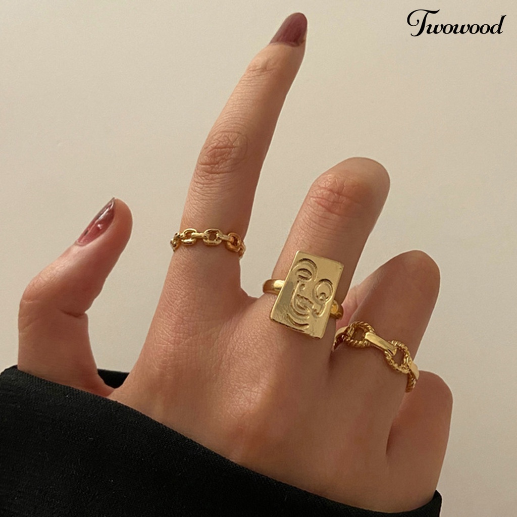 3pcs Cincin Model Rantai Twisted Terbuka Adjustable Motif Wajah Tersenyum Untuk Wanita