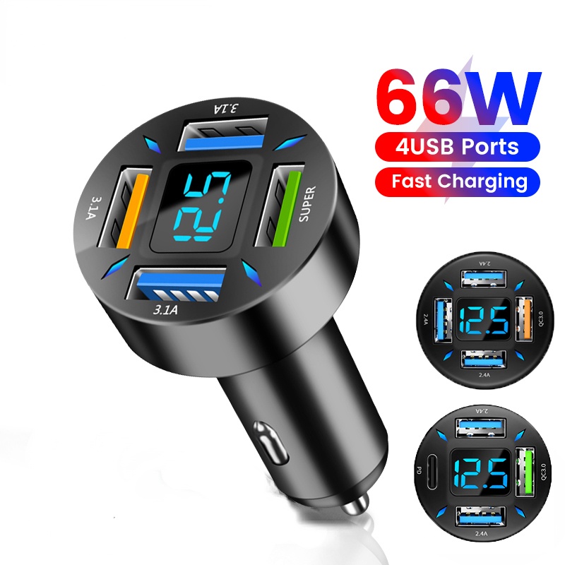 Adaptor Charger Mobil 4 Port USB PD &amp; QC Portable Dengan Tampilan Digital