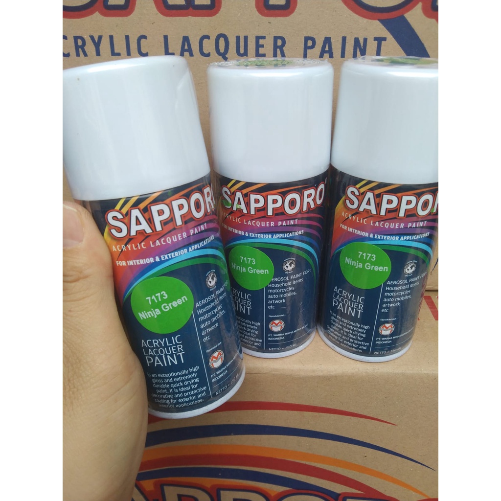 saporo acrylic lacquer paint pilok pilox cat spray sapporo 150ml saporo 7173 ninja green hijau ninja hijau cerah hijau gloss mengkilap 150ml