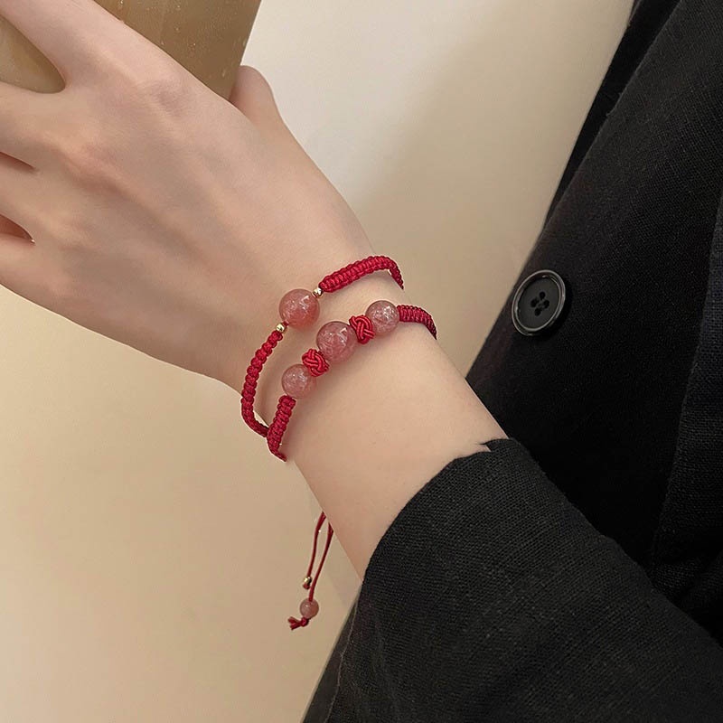 Gelang Tali Kepang Dengan Charm Bunga Kristal Strawberry Untuk Wanita