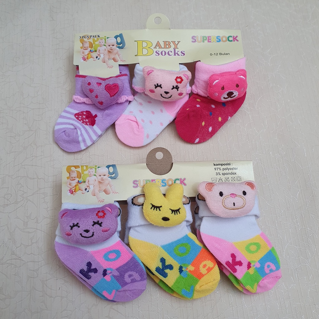 Kaos Kaki Bayi Lucu Murah Motif Boneka Samping Karakter 1 set isi 3 pcs