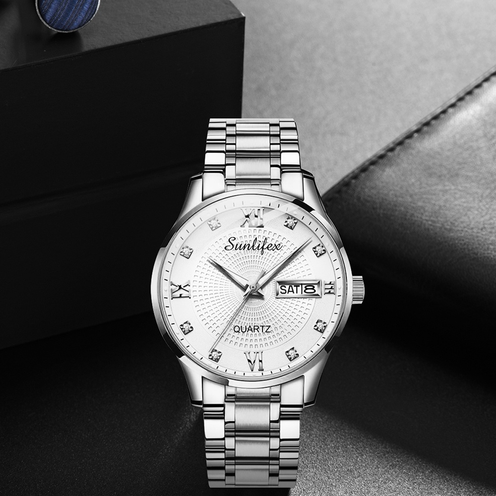 Sunlifex Jam Tangan Pria Original Kuarsa Tali Stainless Steel Calendar Mewah Mode Pria Jam Tangan Cowok Anti Air-7