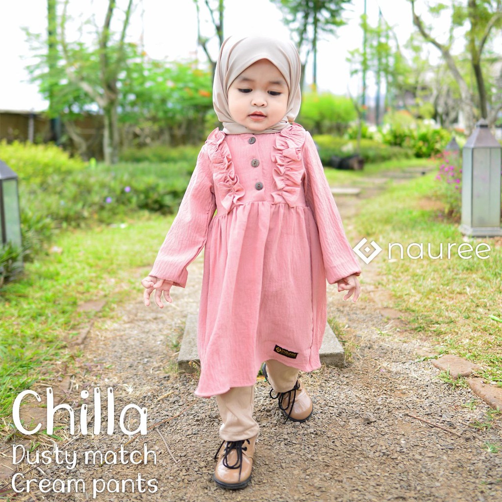 Nauree - Chilla Dress Anak Perempuan Bahan Rayon Crinckle Ukuran S M L Tidak Menerawang Tekstur Licin Halus Lembut Untuk Umur 1 2 3 4 5 6 Tahun Lengan Panjang Soft Premium Lembut Adem Dingin Nyaman