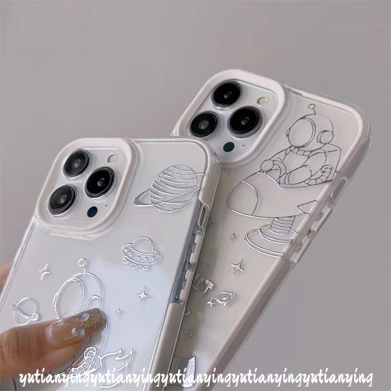3 in 1 Soft Case Transparan Motif Kartun Astronot Luar Angkasa Untuk IPhone 11 7Plus 8Plus 14 12 13 Pro Max XR 14 Plus 7 8 Plus X XS Max SE 2020