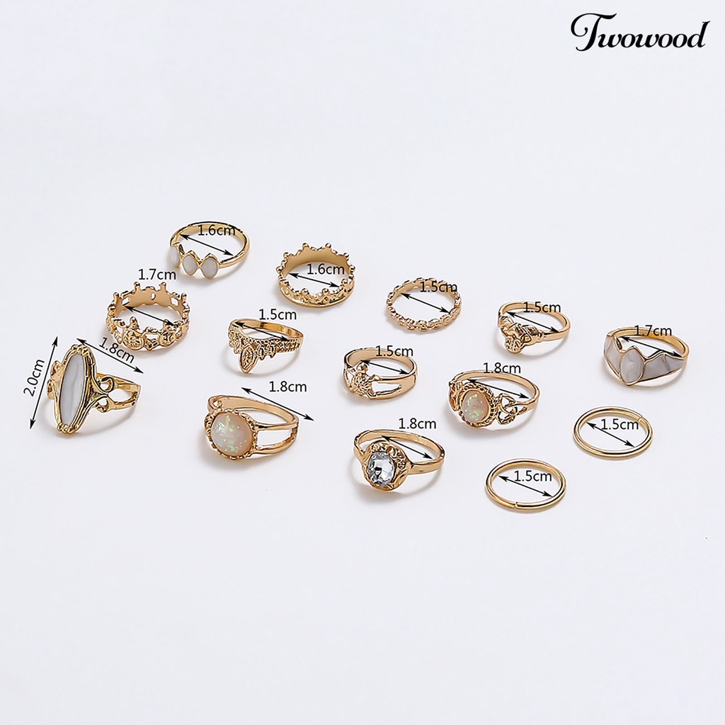 14pcs Cincin Knuckle Model Hollow Stackable Bahan Alloy Aksen Permata Imitasi Gaya Etnik