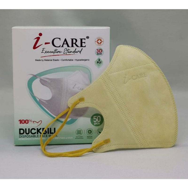 MASKER DUCKBILL I-CARE PALE YELLOW 4 PLY DISPOSABLE FACE MASK ISI 50 PCS