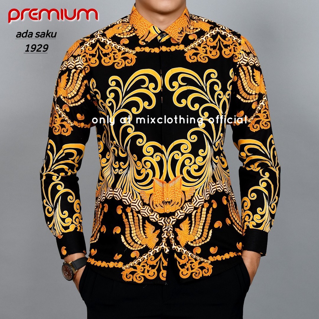 New Premium Baju Kemeja Batik Pria Slimfit Kuning Emas Lengan Panjang 1929