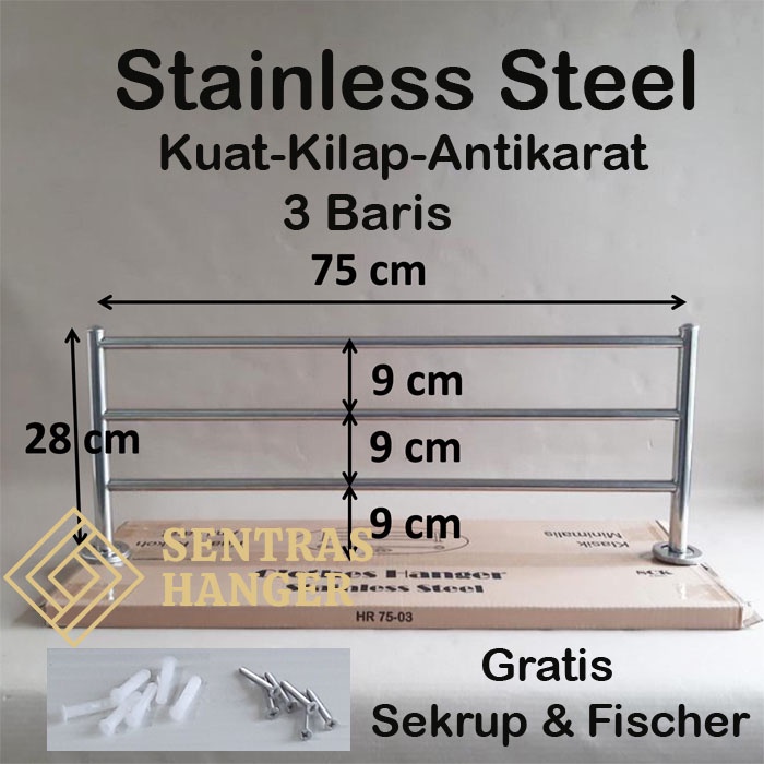 Gantungan Baju Klasik Stainless Steel 75cm, 3 Baris