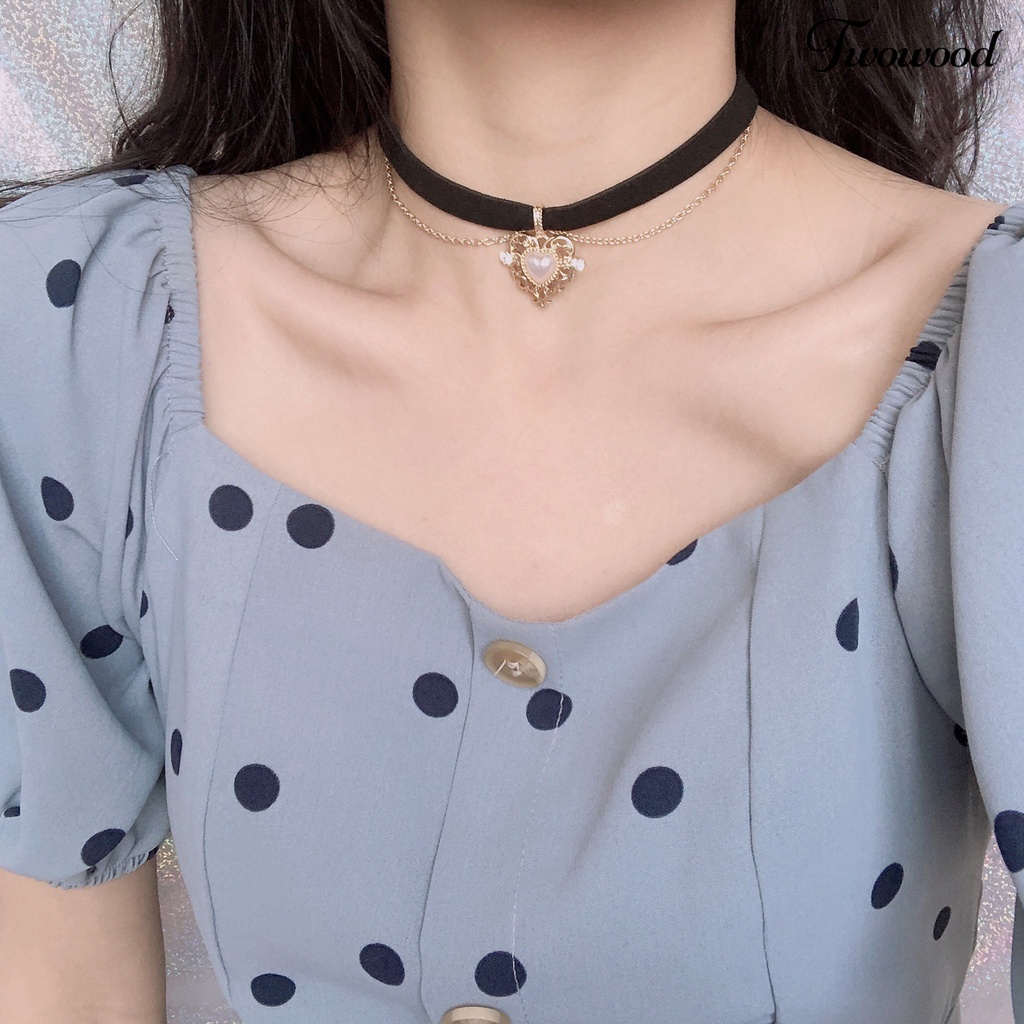 Kalung Choker Bahan Alloy Dengan Liontin Hati Aksen Mutiara Imitasi Gaya Gothic Untuk Wanita