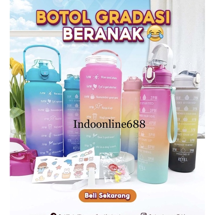 PROMO - BOTOL MINUM MOTIVASI GRADASI 2000ML &amp; 900ML - BOTOL VIRAL PENANDA WAKTU 1SET - BOTOL MINUM RAINBOW FREE SEDOTAN STICKER 2D&amp;3D