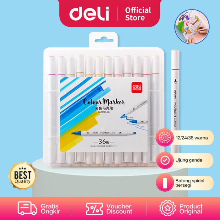 

Deli spidol desain profesional 36 warna ujung ganda 70700-36