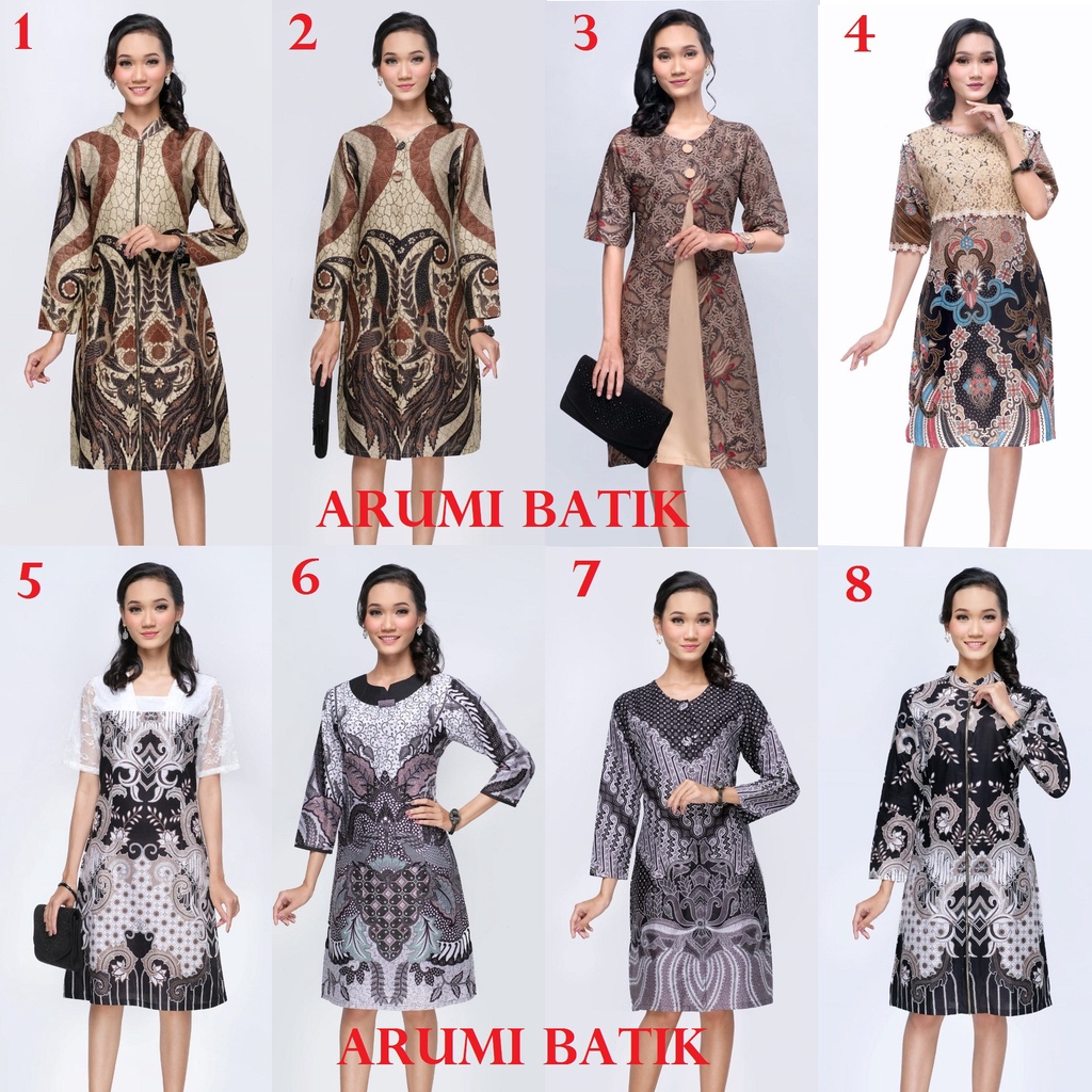 Dress Seragam Wanita Batik Natal Cream Coklat Hitam Putih Brokat Mix 5