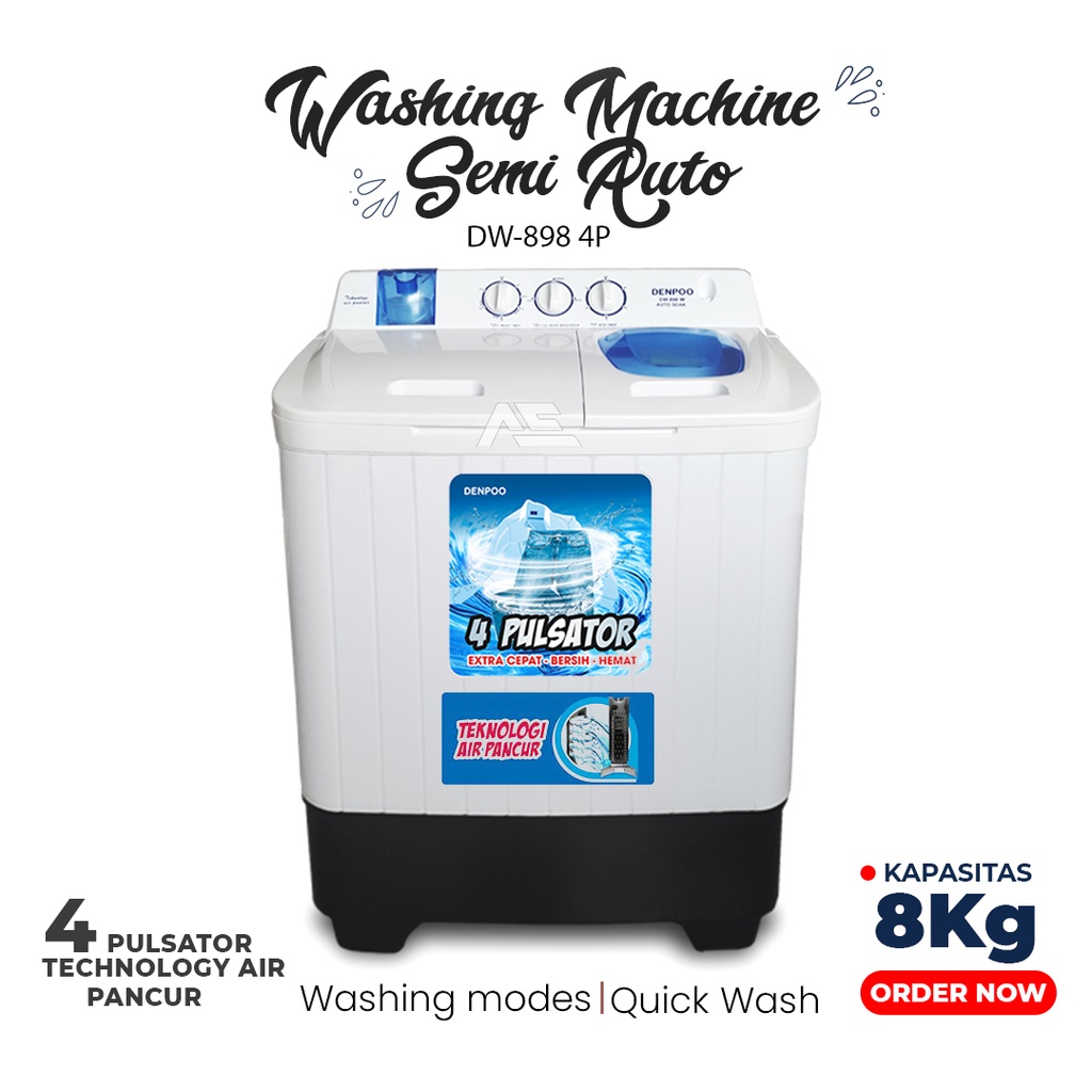 Mesin Cuci DW 898 2 Tabung 8 Kg 4 Pulsator Putih Biru Terbaru dan Super Hemat Listrik