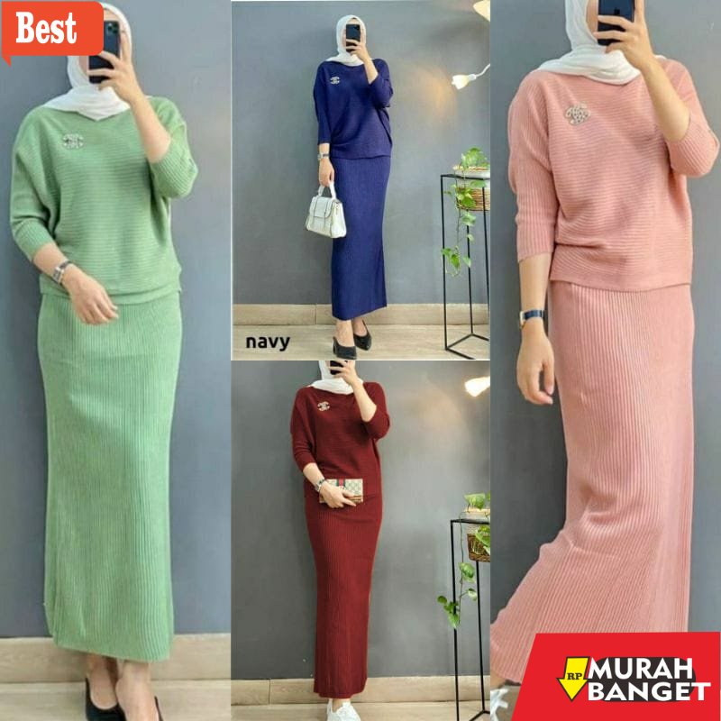 baju setelan wanita kekinian 2022 Stelan blouse rajut batwing+Rok rajut / one set baju rajut terbaru