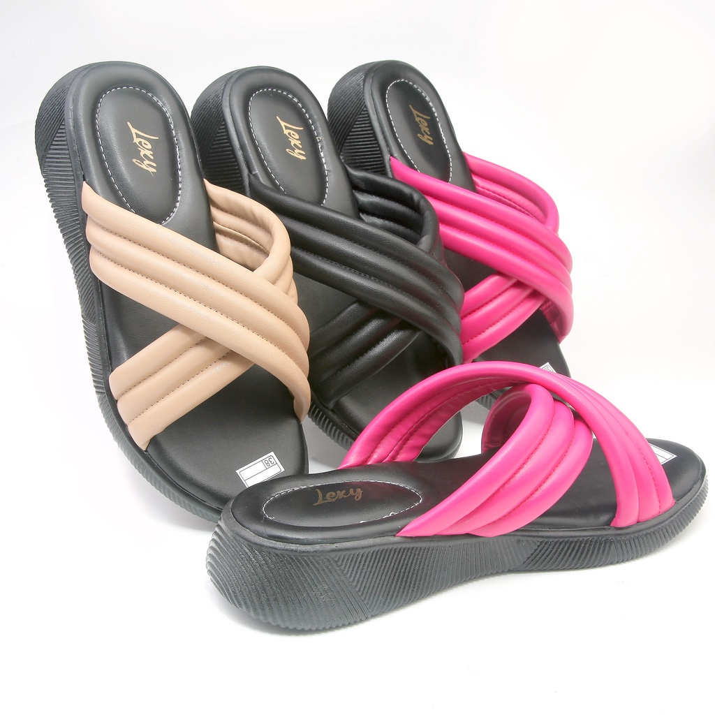 Lexy ATHENA Sandal Wanita Platform Wedges Flat Casual Sol Tebal Kokop Selop Silang Busa Empuk Puffy