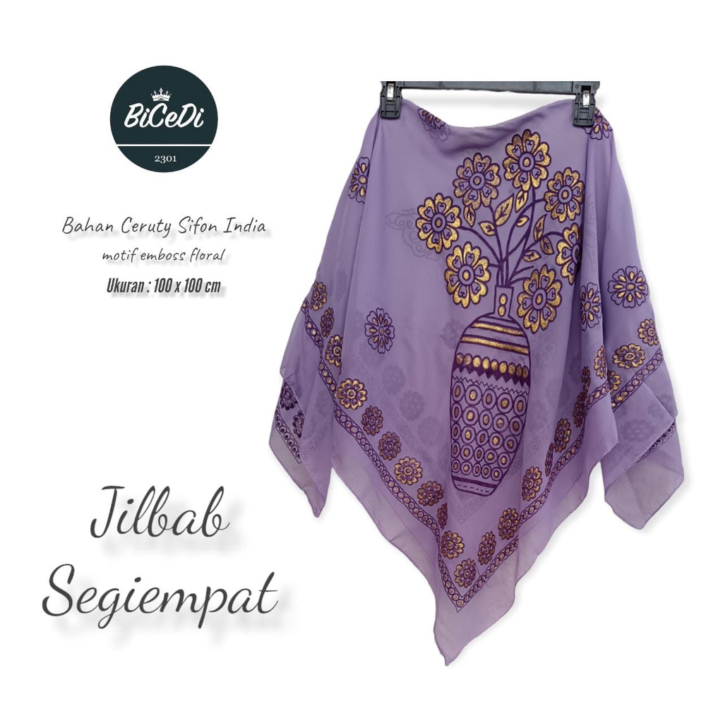 Jilbab Segiempat Ceruty Sifon Motif Pot Flower Batik India Emboss / Hijab Segi Empat 100 x 100cm / Kerudung Ceruty Segitiga