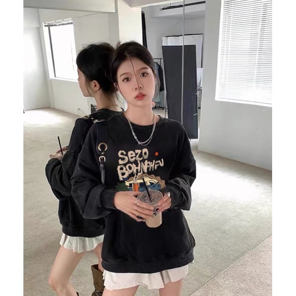 EUNII Sweater Lengan Panjang Cartoon Desert Bus Painting Korean Style/Hoodie Oversize/Baju Wanita/Switer Wanita