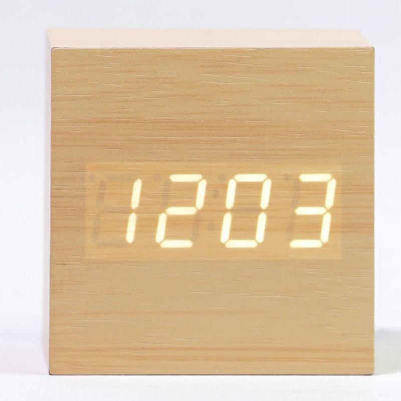 VIDICIONDONESIA Jam Kayu Estetik + Suhu/ Jam Digital Kayu Meja Led/ LED Wooden Small Table Clock Desk Clock