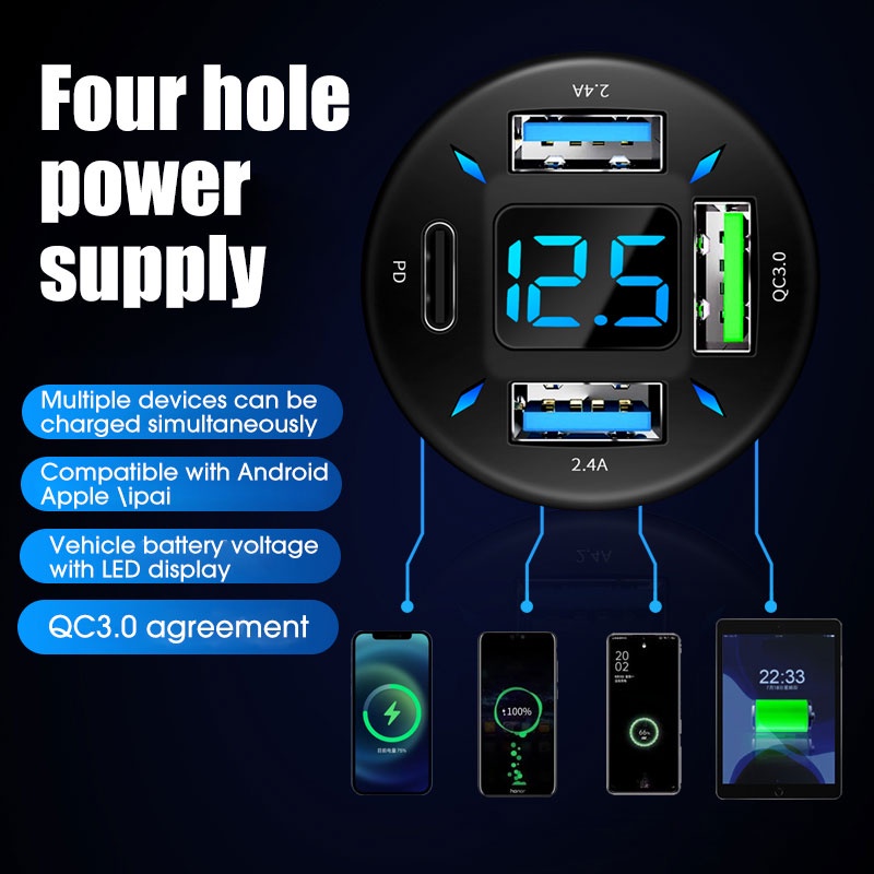 Adaptor Charger Mobil 4 port USB Fast Charging Dengan Display Digital