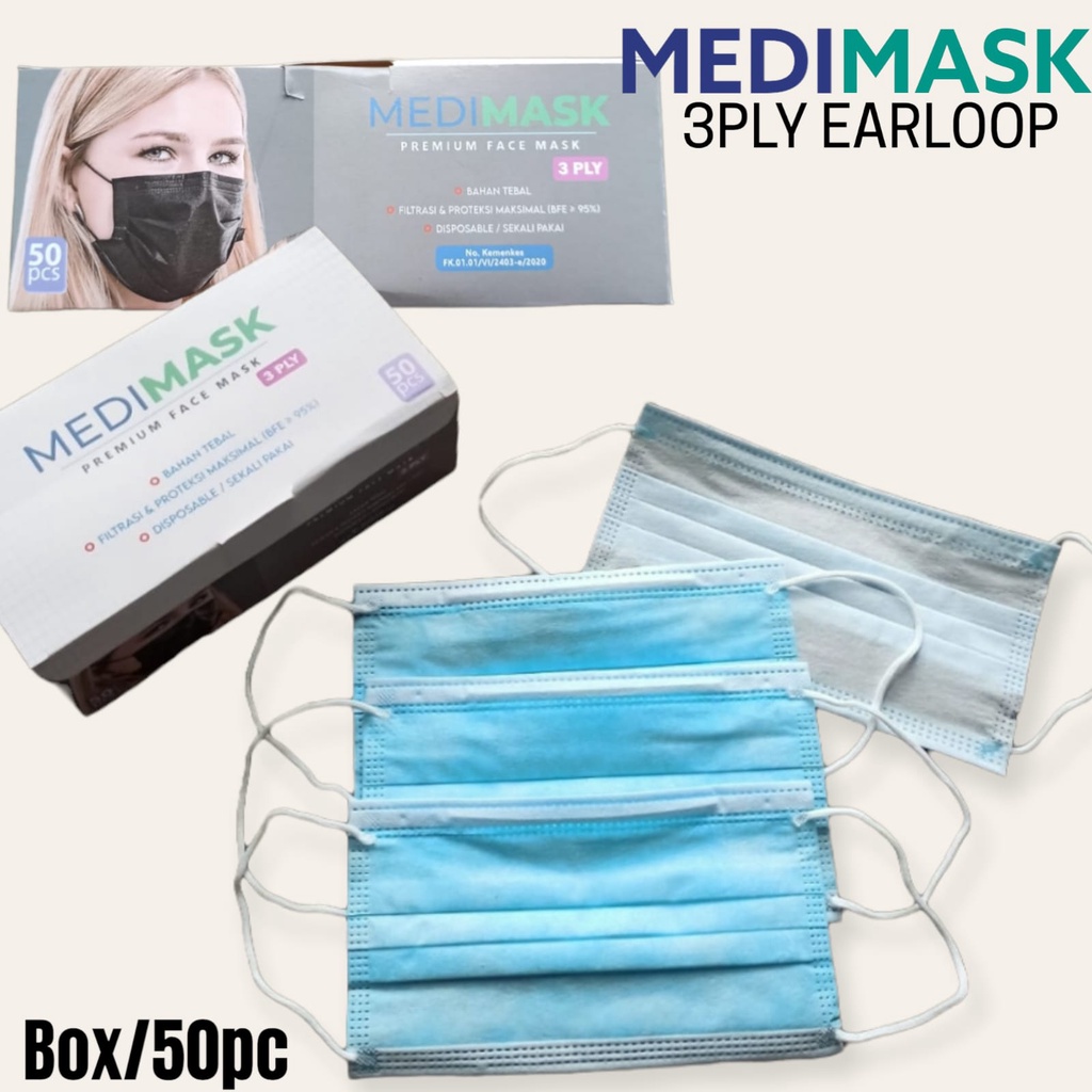 MASKER 3PLY MEDIMASK MEDI MASK EARLOOP MEDICAL GRADE ISI 50 PC - BIRU HITAM PUTIH ABU