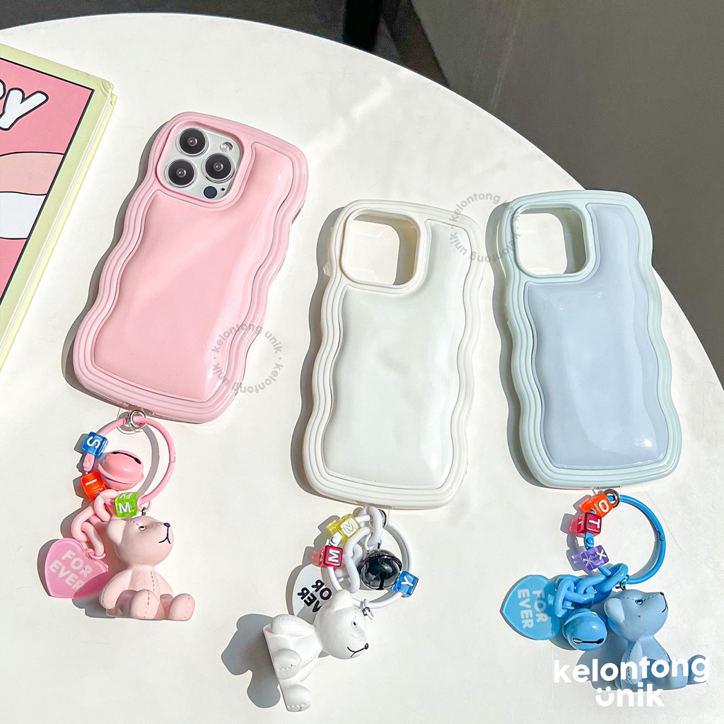 For iPhone - Pastel Colour Wavy Case with Teddy Bear Charm/ Soap Case