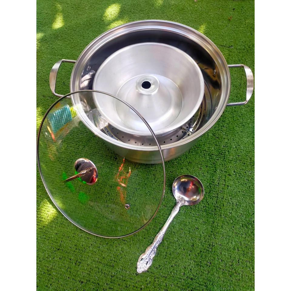 Steam pot stainless steel tutup kaca happy bird gratis cetakan kue talam 12 pcs, irus stainless &amp; loyang tulban