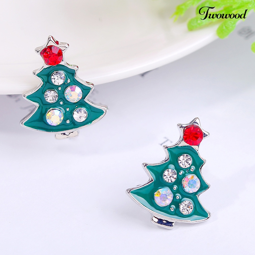 Anting Stud Desain Pohon Natal Bahan Alloy Aksen Berlian Imitasi Untuk Wanita