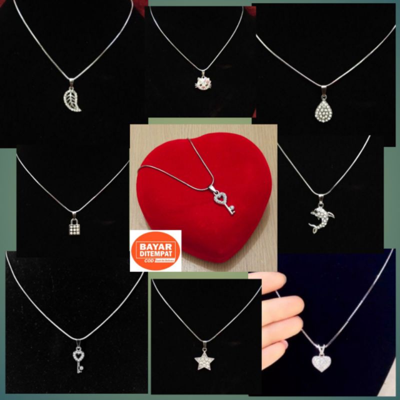 kalung liontin tetesan air gembok daun love bintang kunci dll kalung  silver Itali plus liontin produk import bahan RHODIUM  45 dan 60cm warna silver anti karat dan tidak luntur barang