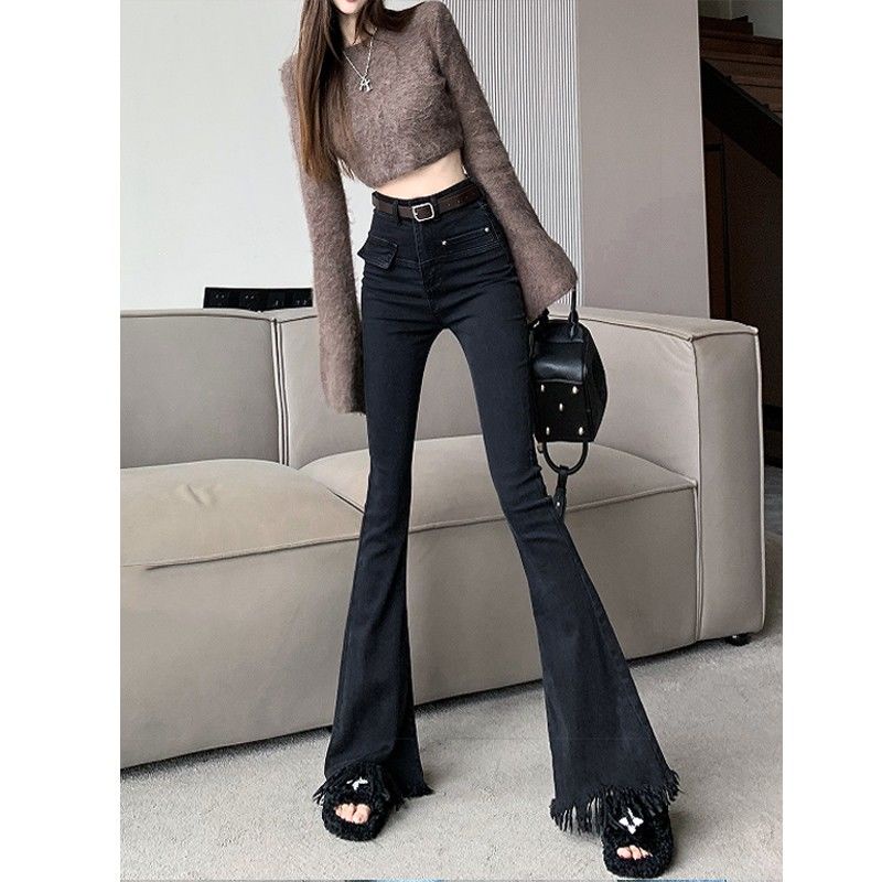 Suhao high-waisted fringed sedikit flared jeans wanita slim fit dan high flared pants desain musim gugur dan musim dingin ditambah velvet mopping pants