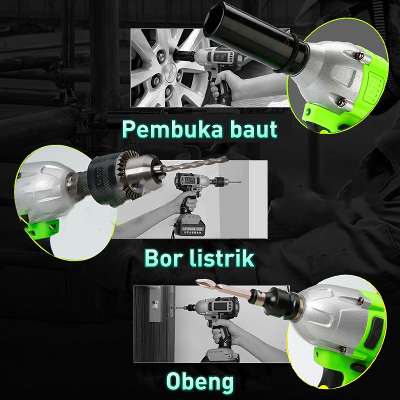 Cordless Impact wrench 288V 2 baterai cordless mesin pembuka baut ban bor set impak buka motor mesin bor untuk baut mobil