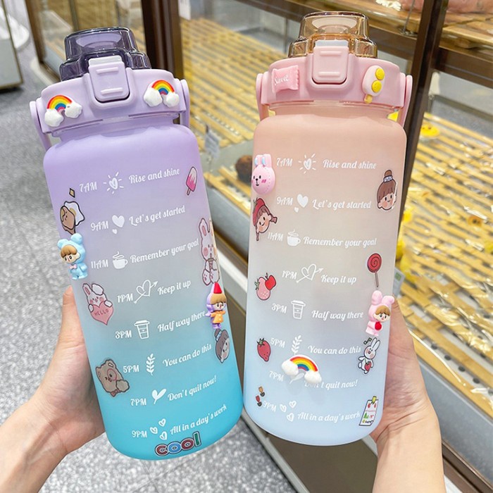 Botol Minum Motivasi 2 Liter Tutup Flip Bpa Free + Sedotan