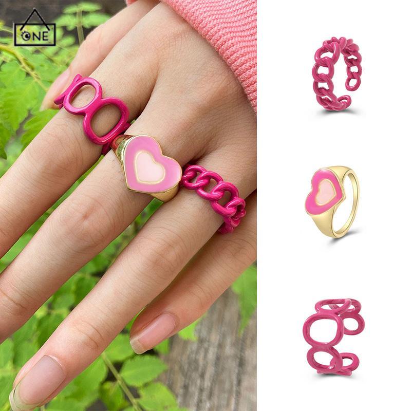 COD❤️3PCS Heart Geometry Rings Cincin Geometri Jantung Cincin Mode Menetes Minyak yang Dapat Disesuaikan untuk Aksesoris Perhiasan Wanita-A.one