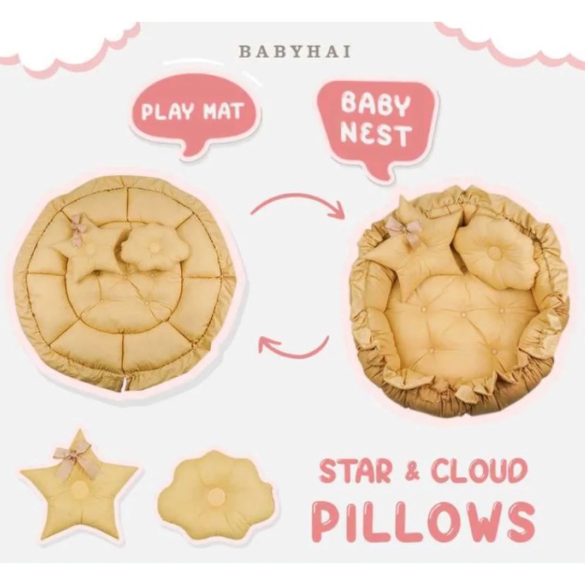 Babyhai 2-in-1 Round Baby Nest and Playmat with Star &amp; Cloud Pillow