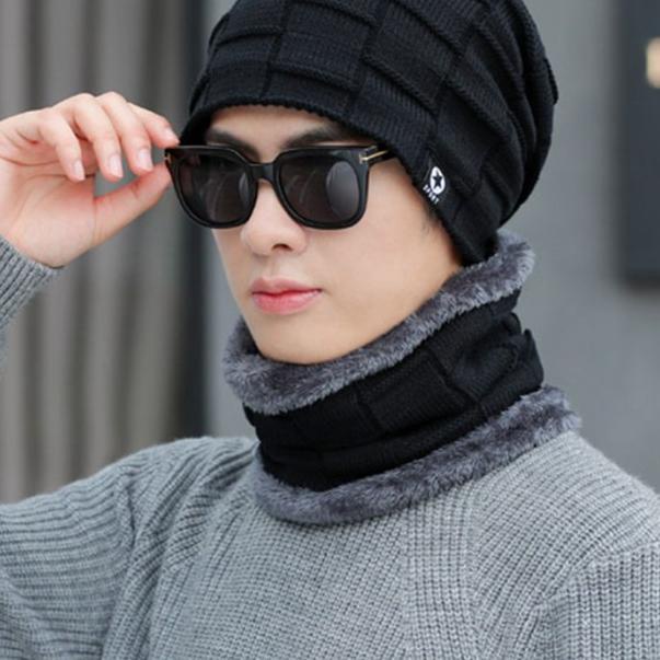 Set Topi Kupluk Tebal Bulu Rajut Scarf Hat Kupluk Bintang Satu Set - Hitam
