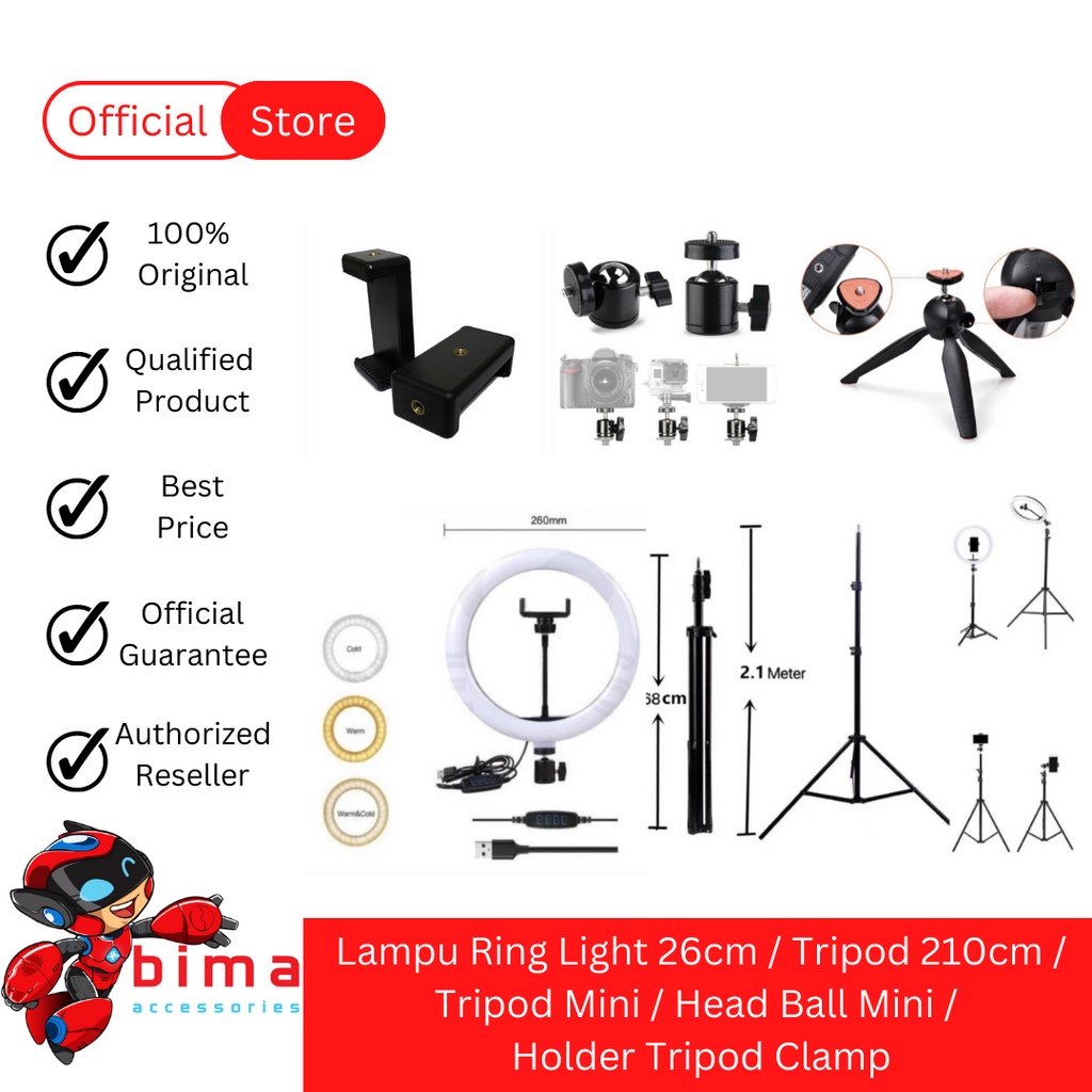 Lampu Ring Light 26cm / Tripod 210cm / Tripod Mini / Head Ball / Stand Holder / Holder Tripod Clamp