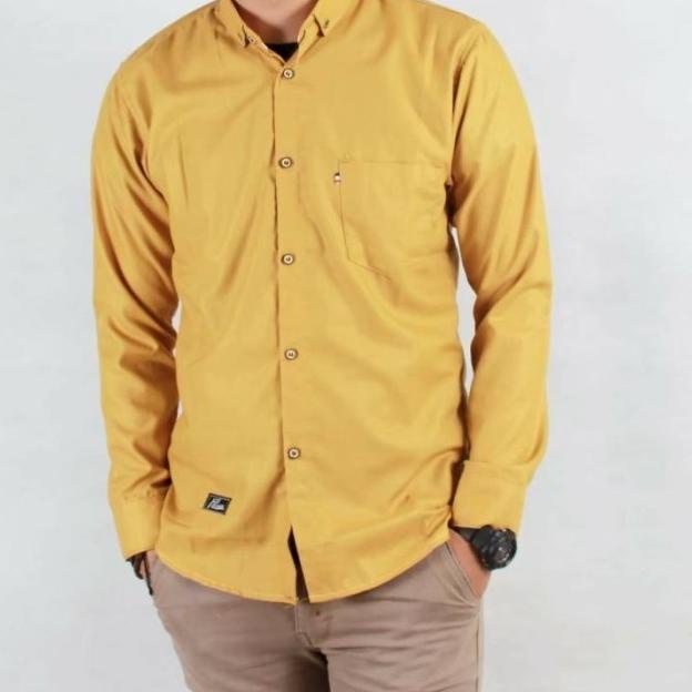 baju kemeja lengan panjang pria kuning polos premium - Kuning, S
